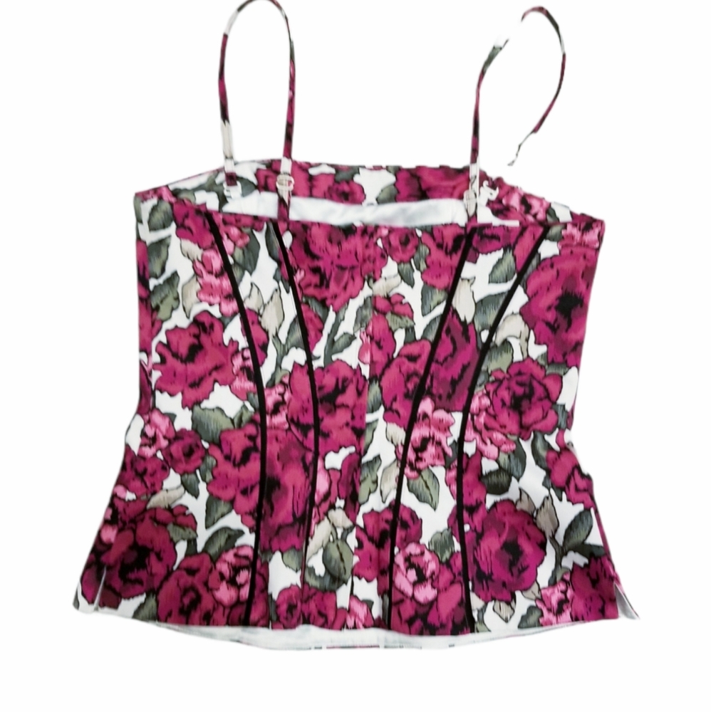 WHBM Black Pink & White Floral Print Bustier Top Sz 2 - Picture 5 of 13